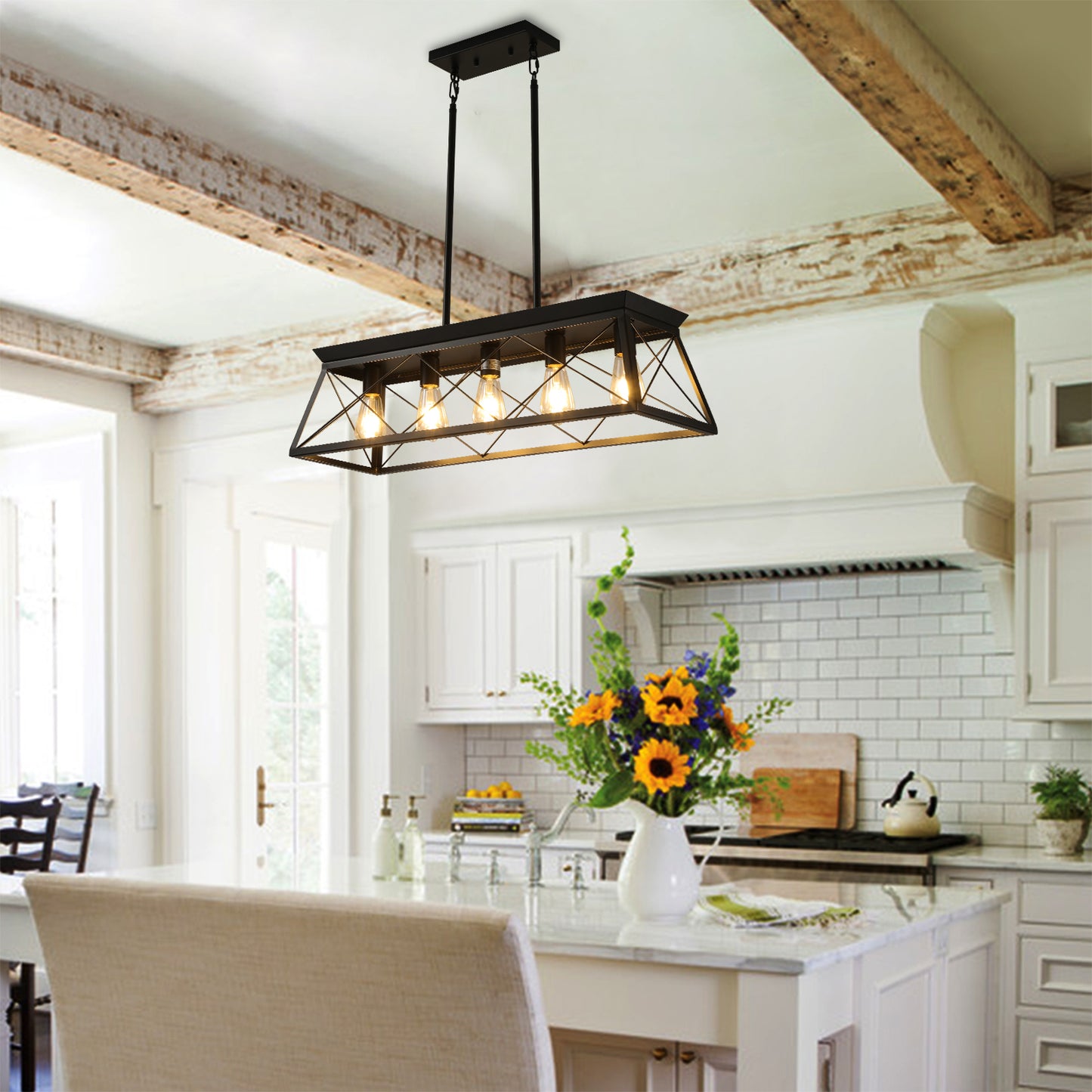 5-Light Black Iron Rectangular Pendant Light