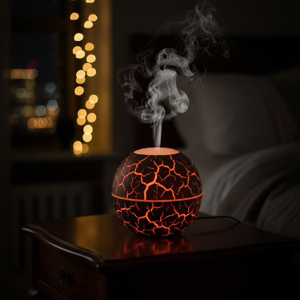 Lava Globe Aroma Diffuser glowing in dark moody setting