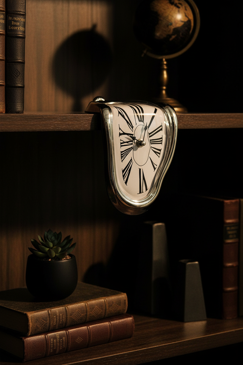 Silver surrealist melting clock draped over the edge of a dark wood bookcase shelf