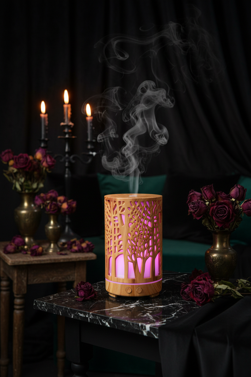 Gothic bat villa aromatherapy diffuser lamp in a moody dark aesthetic room with mist and candlelight