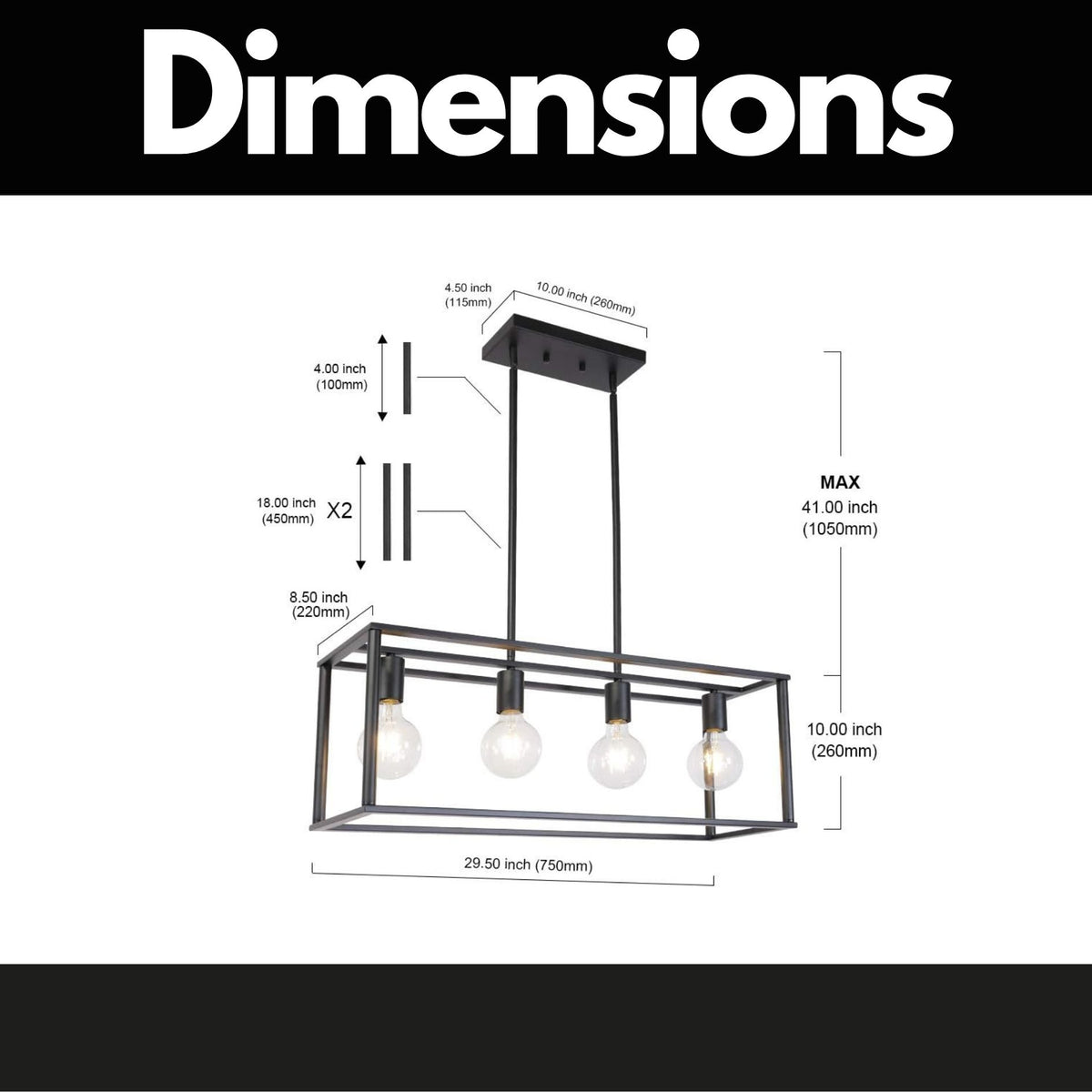4-Light Black Linear Cage Pendant Light