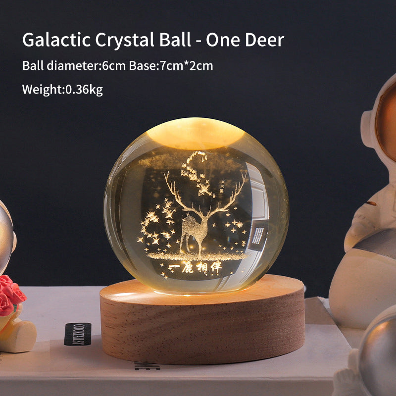 3D Laser Crystal Ball Night Light – Galaxy Scene Ambient Lamp with Wood Base