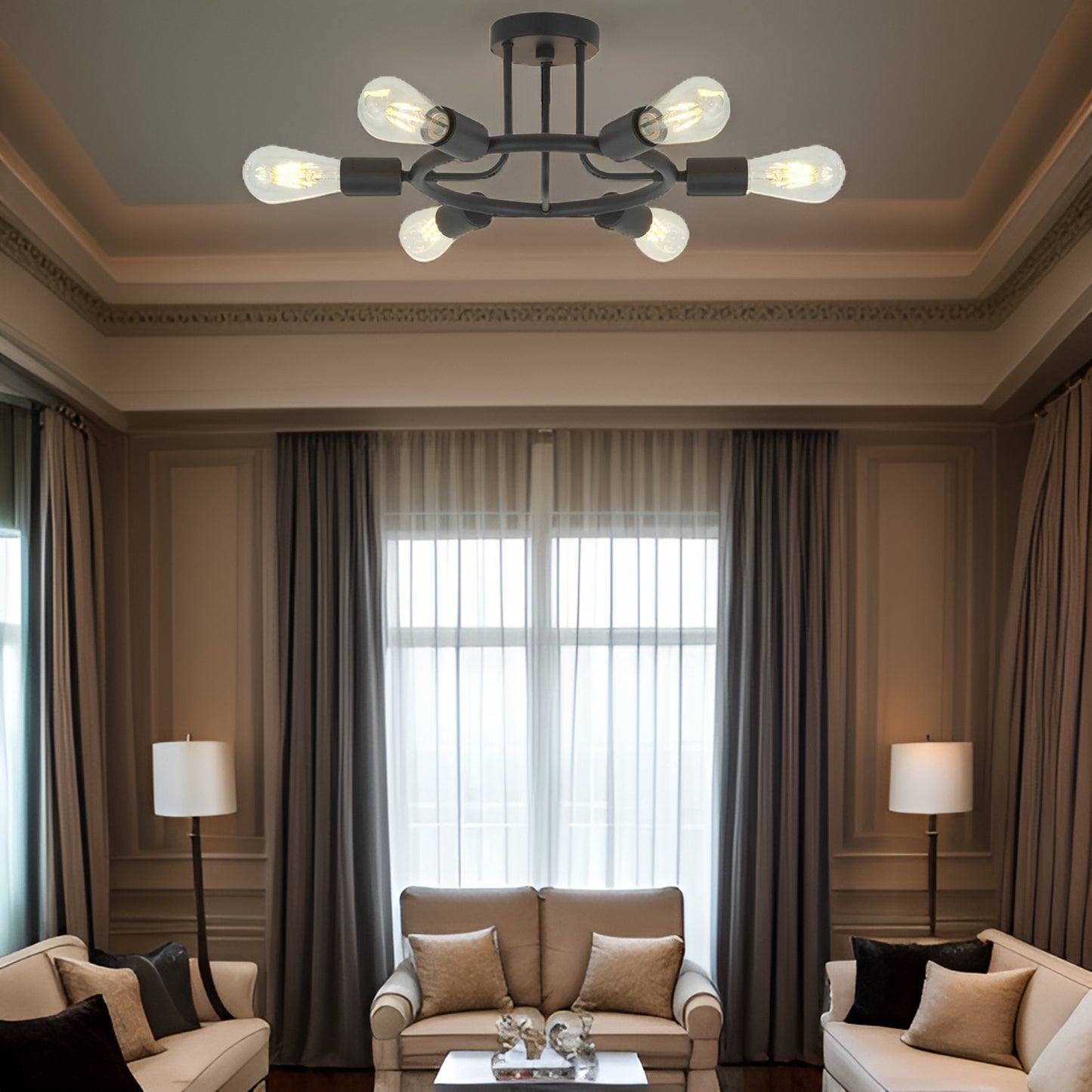 6-Light Black Sputnik Semi-Flush Ceiling Light