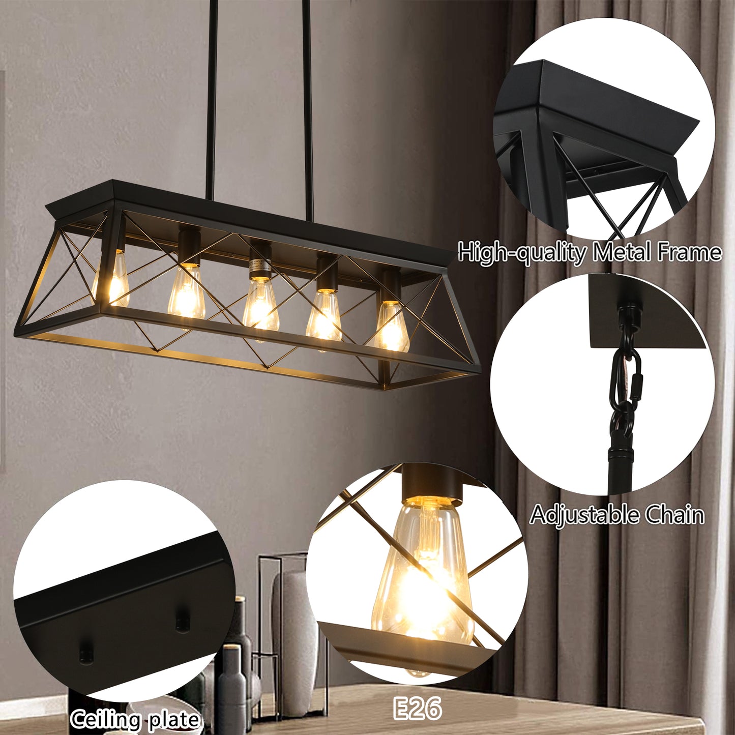 5-Light Black Iron Rectangular Pendant Light