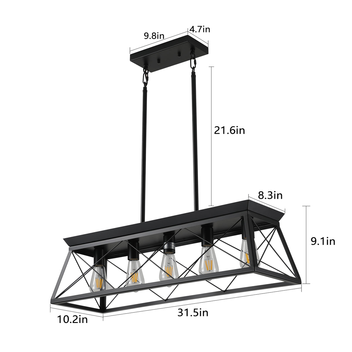 5-Light Black Iron Rectangular Pendant Light