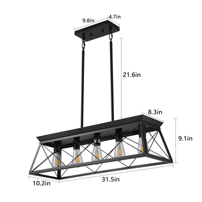 5-Light Black Iron Rectangular Pendant Light