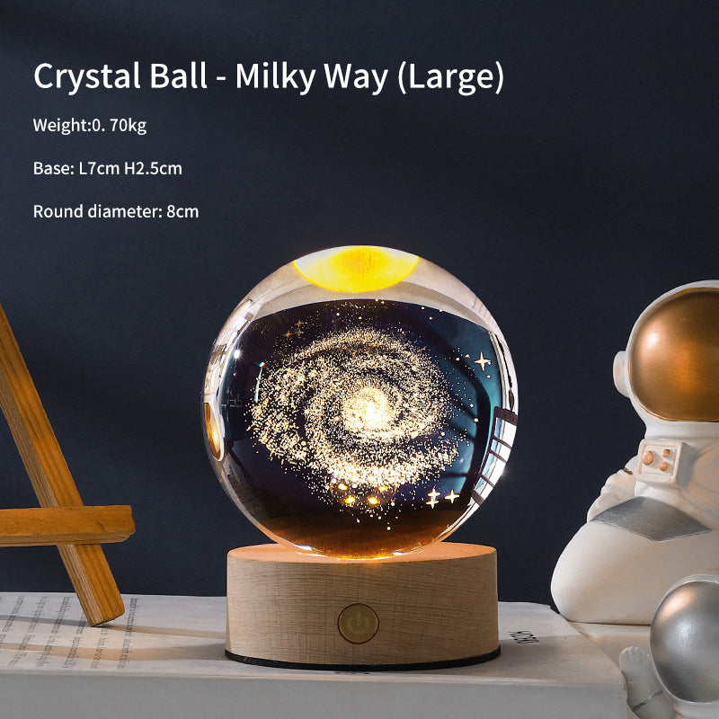 3D Laser Crystal Ball Night Light – Galaxy Scene Ambient Lamp with Wood Base