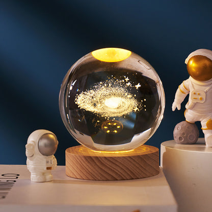 3D Laser Crystal Ball Night Light – Galaxy Scene Ambient Lamp with Wood Base