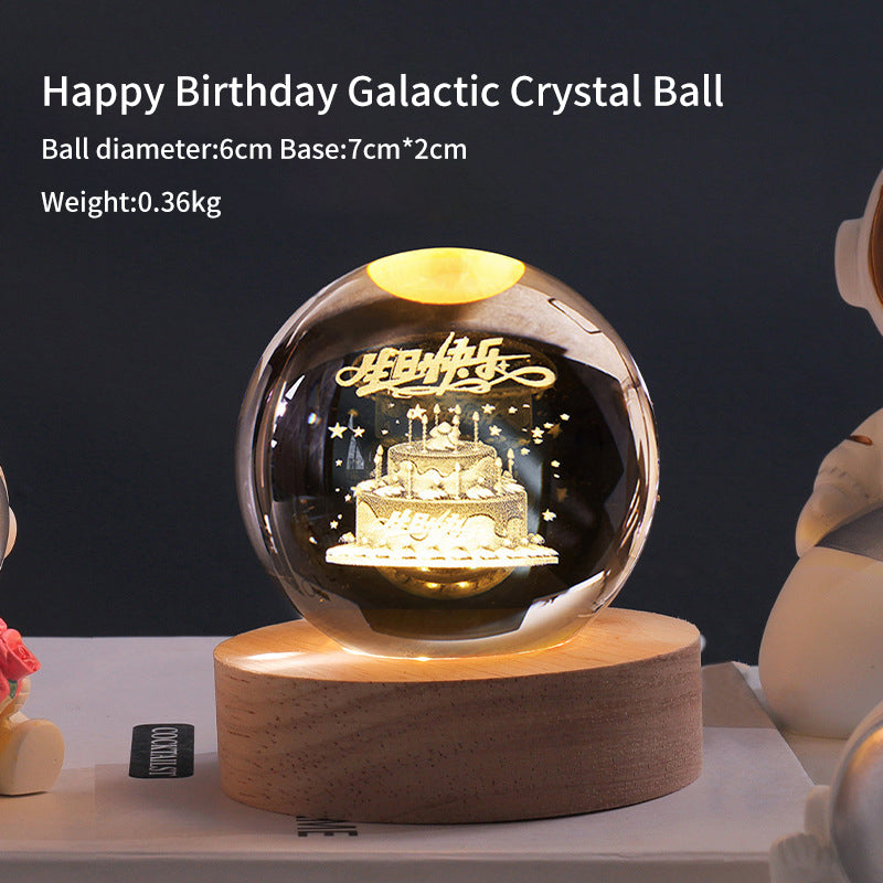 3D Laser Crystal Ball Night Light – Galaxy Scene Ambient Lamp with Wood Base