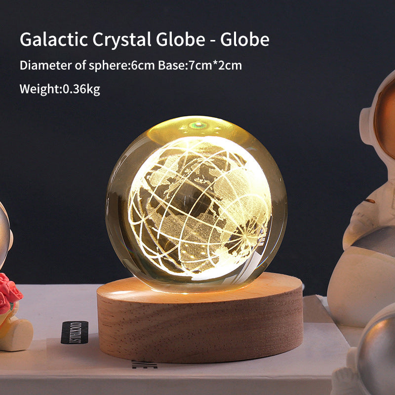 3D Laser Crystal Ball Night Light – Galaxy Scene Ambient Lamp with Wood Base