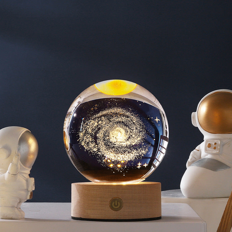 3D Laser Crystal Ball Night Light – Galaxy Scene Ambient Lamp with Wood Base