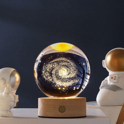 3D Laser Crystal Ball Night Light – Galaxy Scene Ambient Lamp with Wood Base