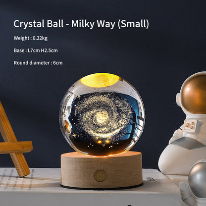3D Laser Crystal Ball Night Light – Galaxy Scene Ambient Lamp with Wood Base