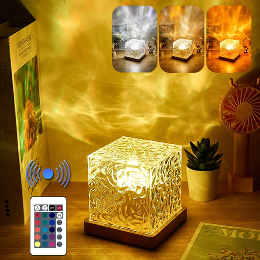 Rotating Water Ripple Crystal Cube Lamp – Dynamic Flame & Wave Ambient Light