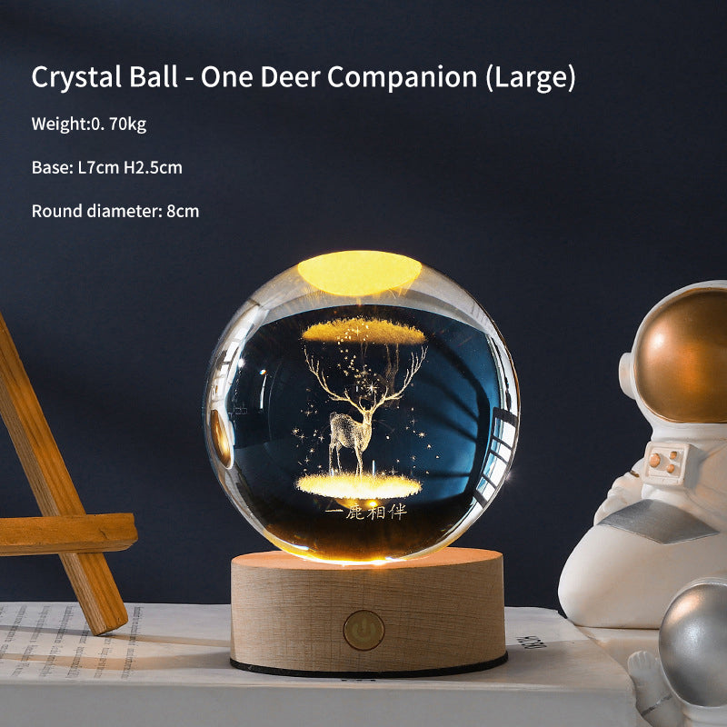 3D Laser Crystal Ball Night Light – Galaxy Scene Ambient Lamp with Wood Base
