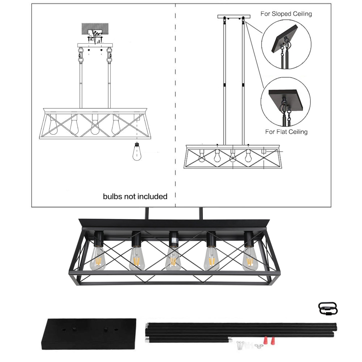 5-Light Black Iron Rectangular Pendant Light