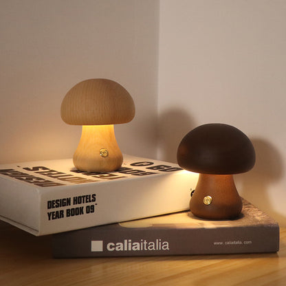 Wooden Mushroom Night Light – Touch Dimmer Bedside Lamp