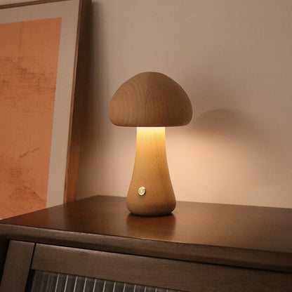 Wooden Mushroom Night Light – Touch Dimmer Bedside Lamp