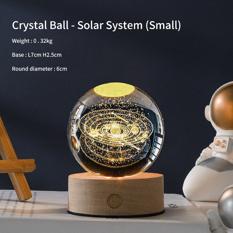 3D Laser Crystal Ball Night Light – Galaxy Scene Ambient Lamp with Wood Base