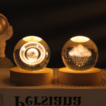 3D Laser Crystal Ball Night Light – Galaxy Scene Ambient Lamp with Wood Base