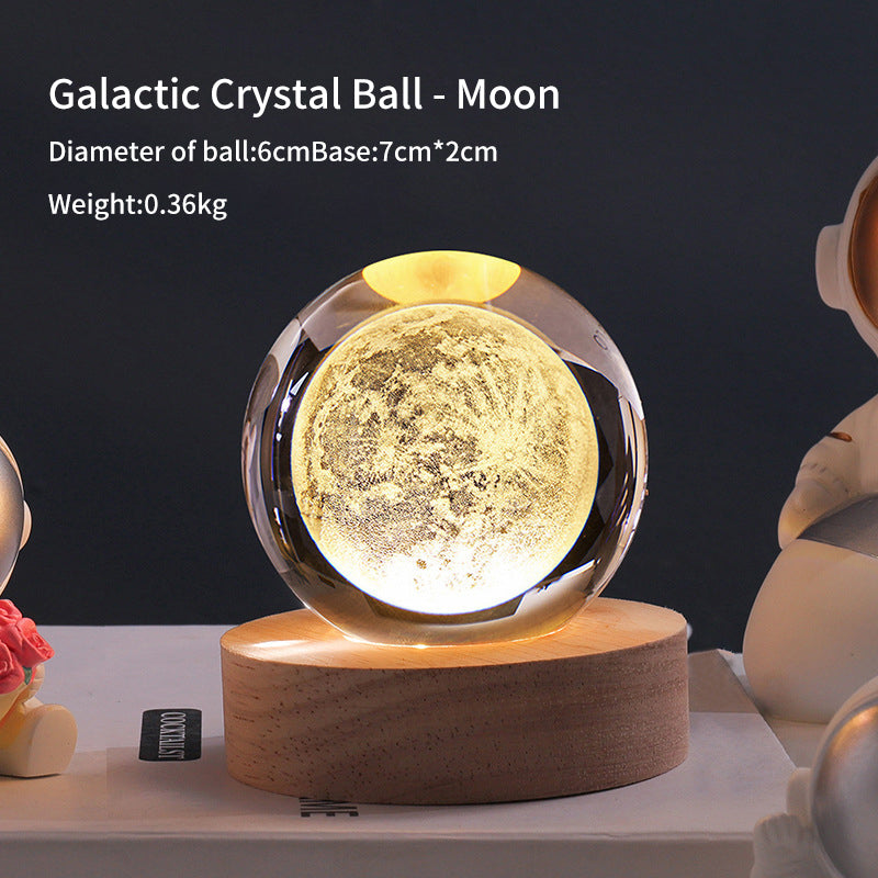 3D Laser Crystal Ball Night Light – Galaxy Scene Ambient Lamp with Wood Base
