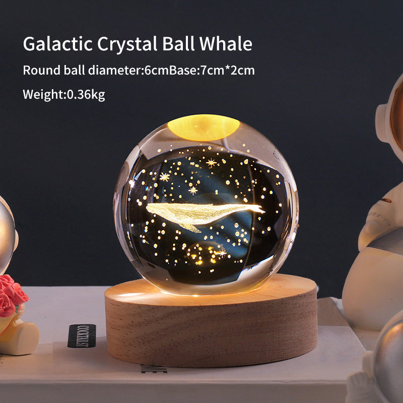 3D Laser Crystal Ball Night Light – Galaxy Scene Ambient Lamp with Wood Base