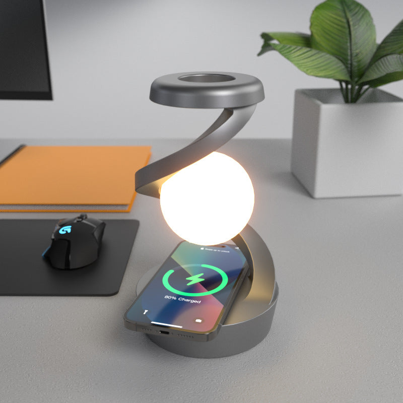 Levitating Moon Lamp – Spinning RGB Spiral Table Lamp with Wireless Charger