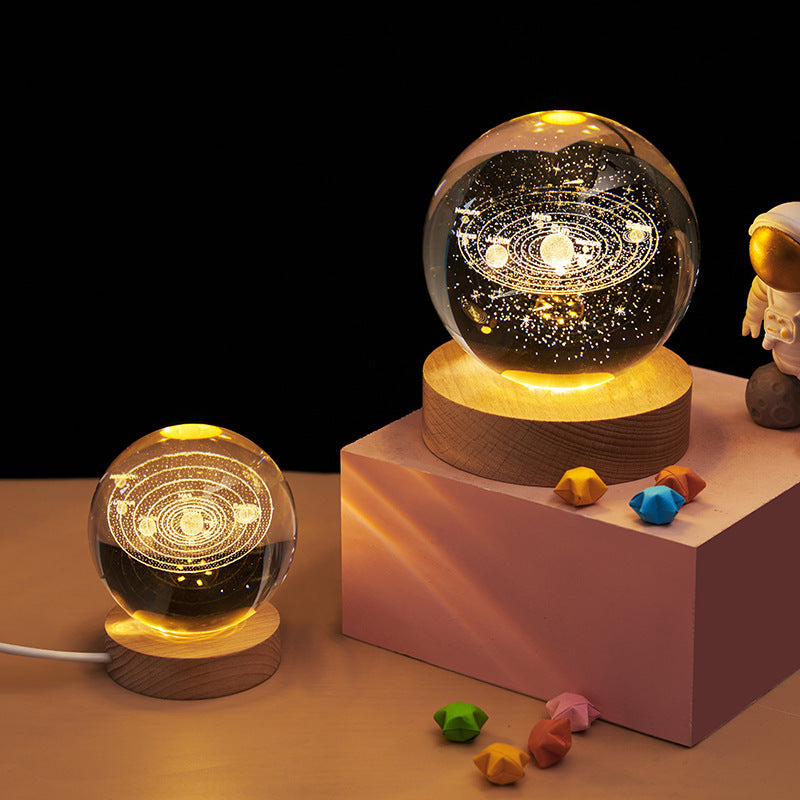 3D Laser Crystal Ball Night Light – Galaxy Scene Ambient Lamp with Wood Base