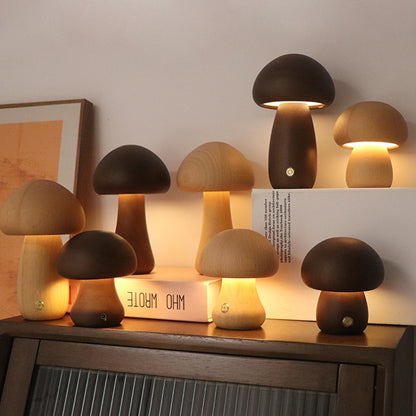 Wooden Mushroom Night Light – Touch Dimmer Bedside Lamp
