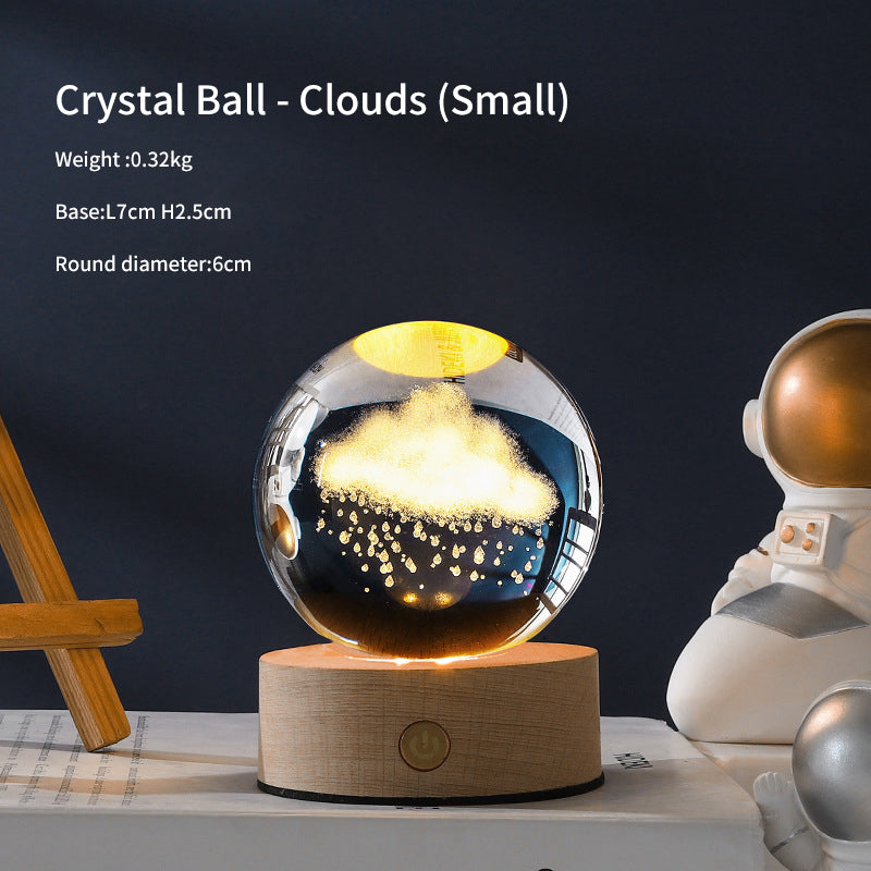 3D Laser Crystal Ball Night Light – Galaxy Scene Ambient Lamp with Wood Base