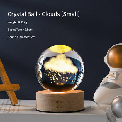 3D Laser Crystal Ball Night Light – Galaxy Scene Ambient Lamp with Wood Base