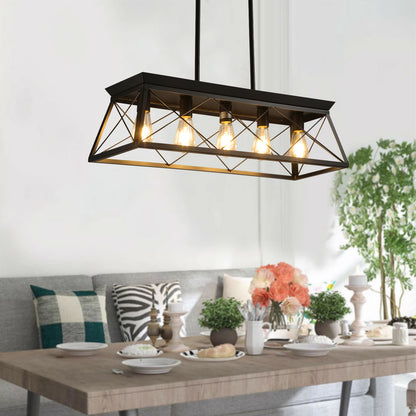 5-Light Black Iron Rectangular Pendant Light