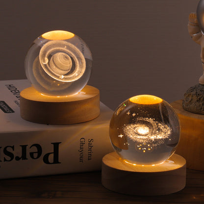3D Laser Crystal Ball Night Light – Galaxy Scene Ambient Lamp with Wood Base