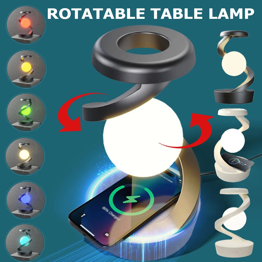 Levitating Moon Lamp – Spinning RGB Spiral Table Lamp with Wireless Charger