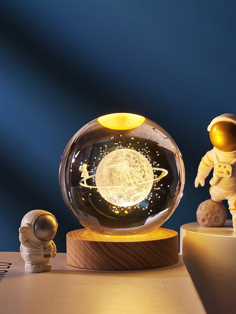 3D Laser Crystal Ball Night Light – Galaxy Scene Ambient Lamp with Wood Base