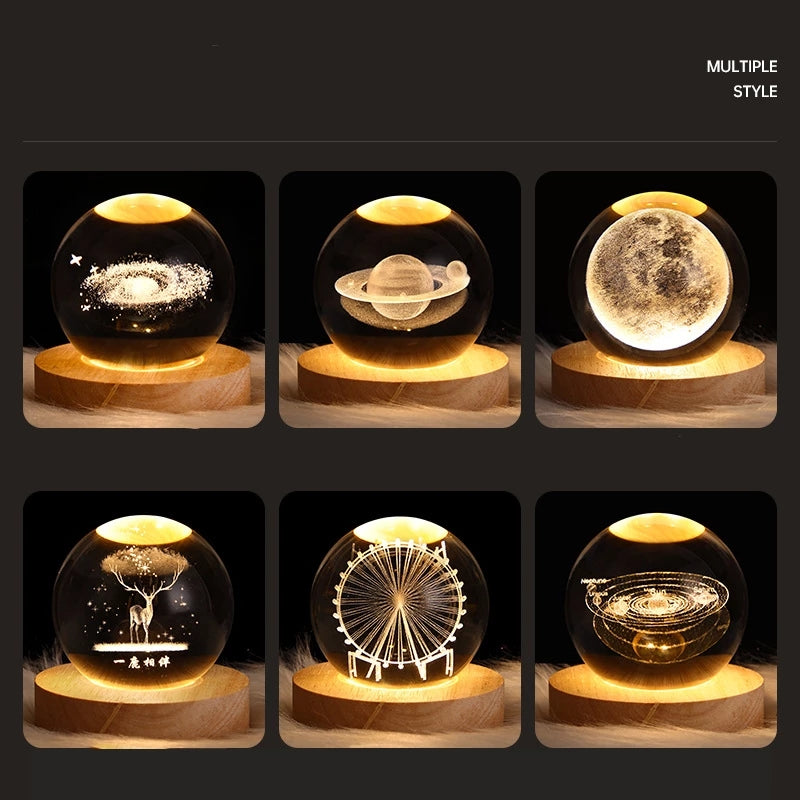 Star Scene Crystal Ball Lamp – 6cm K9 Crystal on Wood Base | USB Night Light