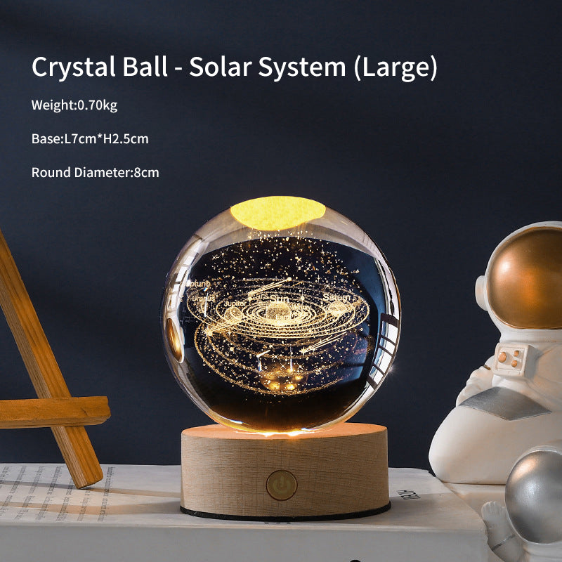 3D Laser Crystal Ball Night Light – Galaxy Scene Ambient Lamp with Wood Base
