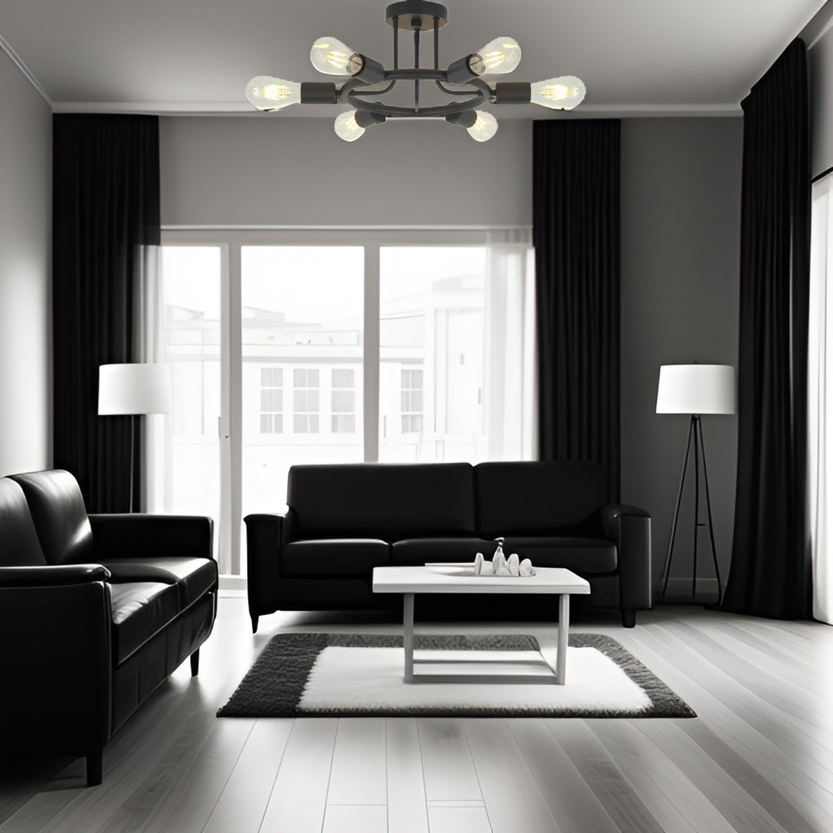 6-Light Black Sputnik Semi-Flush Ceiling Light