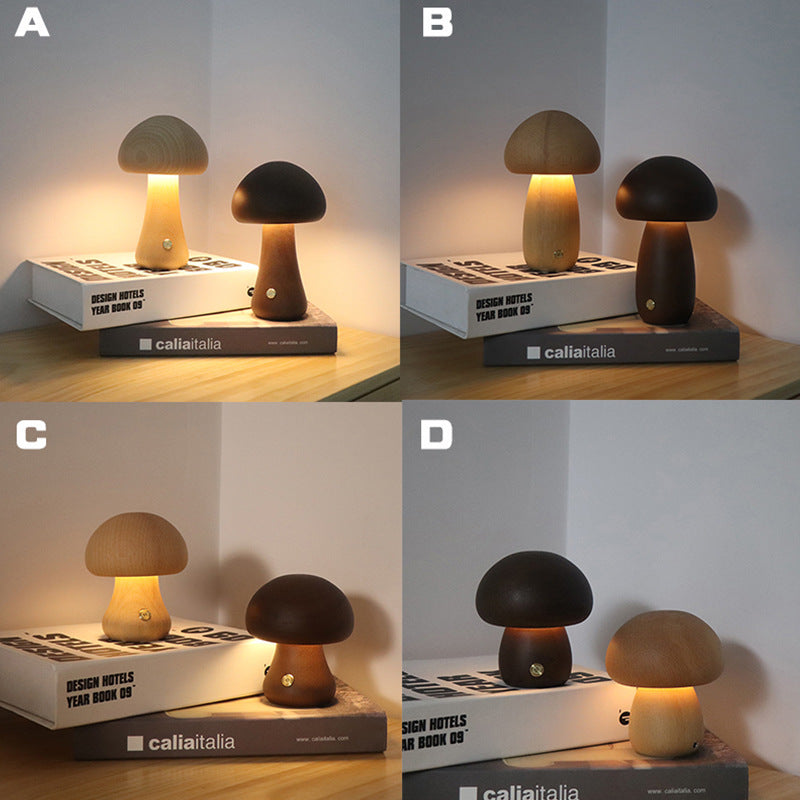 Wooden Mushroom Night Light – Touch Dimmer Bedside Lamp
