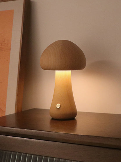 Wooden Mushroom Night Light – Touch Dimmer Bedside Lamp