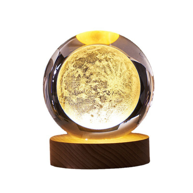 3D Laser Crystal Ball Night Light – Galaxy Scene Ambient Lamp with Wood Base