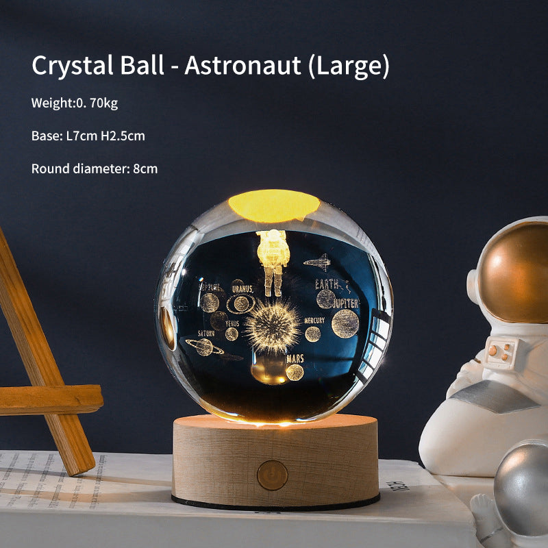 3D Laser Crystal Ball Night Light – Galaxy Scene Ambient Lamp with Wood Base