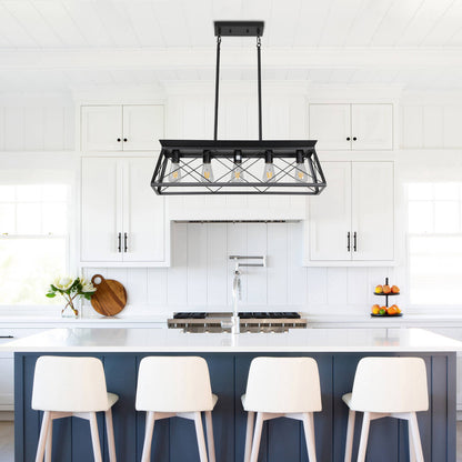 5-Light Black Iron Rectangular Pendant Light
