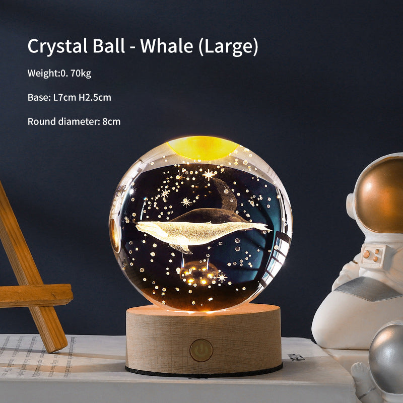 3D Laser Crystal Ball Night Light – Galaxy Scene Ambient Lamp with Wood Base