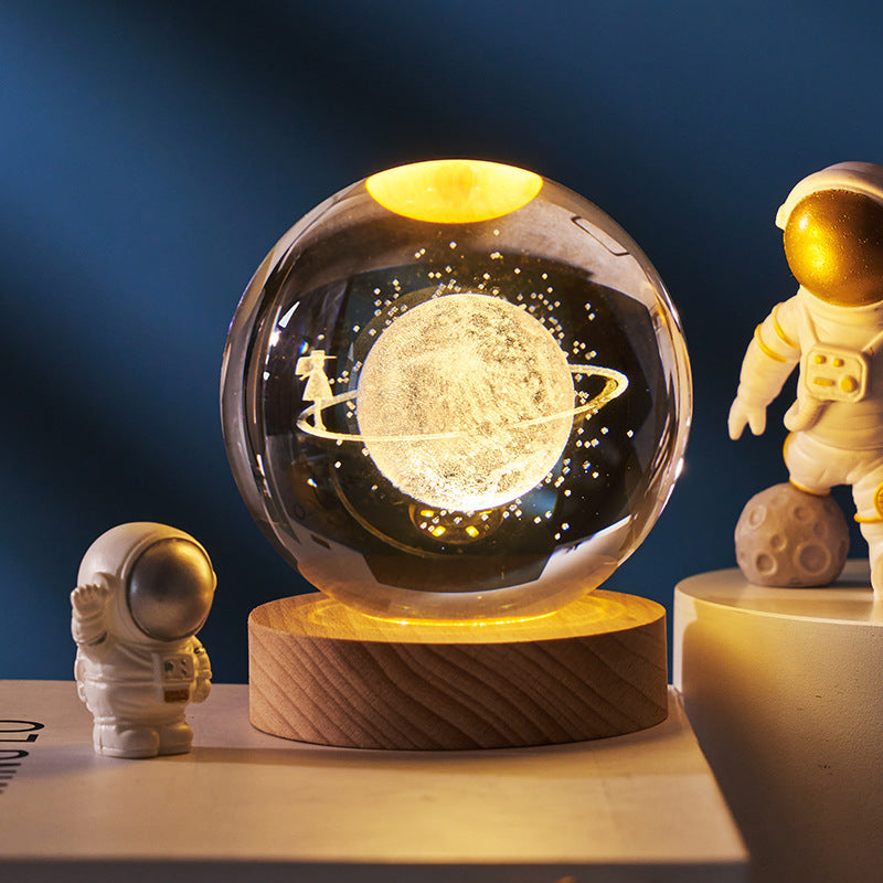 3D Laser Crystal Ball Night Light – Galaxy Scene Ambient Lamp with Wood Base