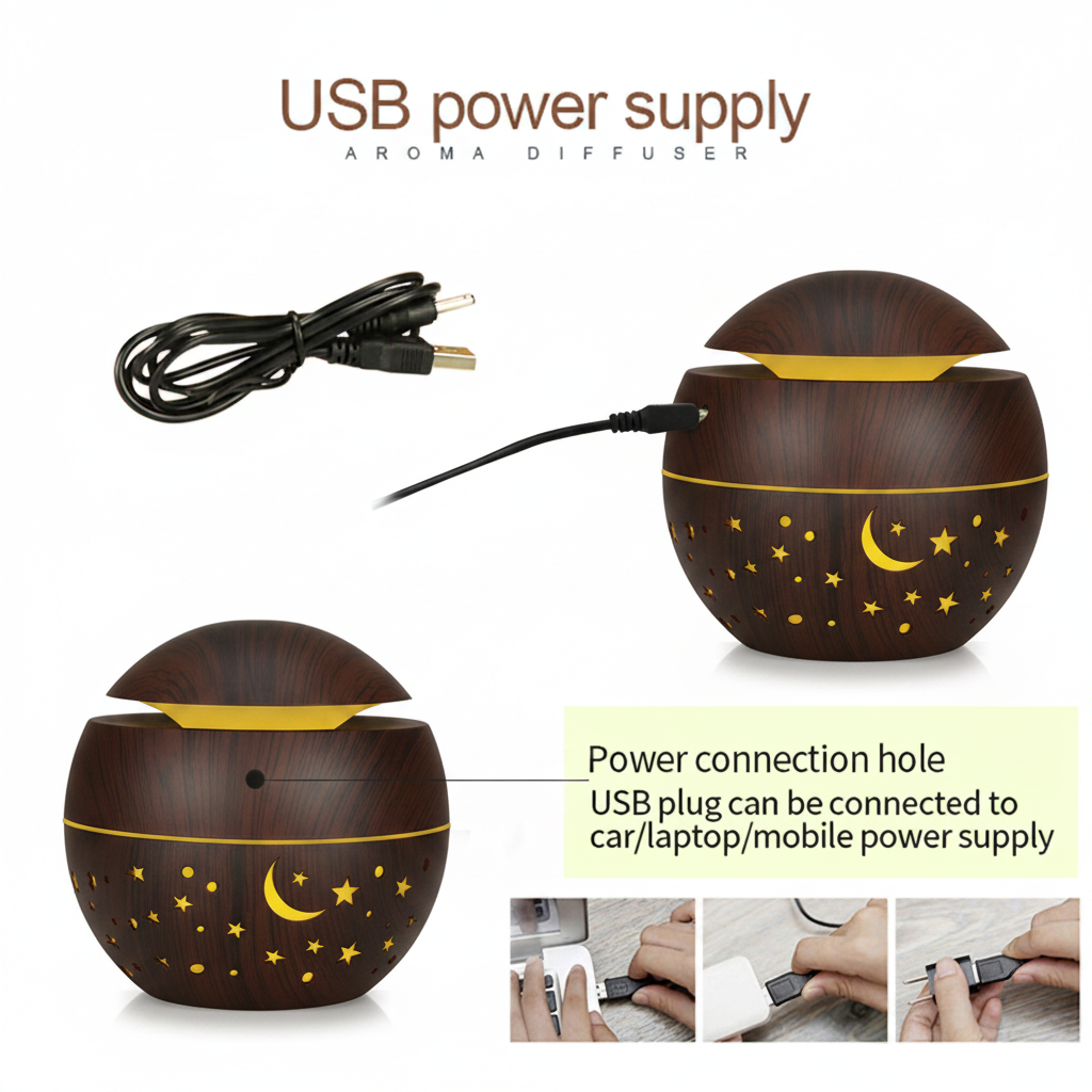 Starry Sky Mini Aroma Diffuser – USB power supply info graphic dark wood