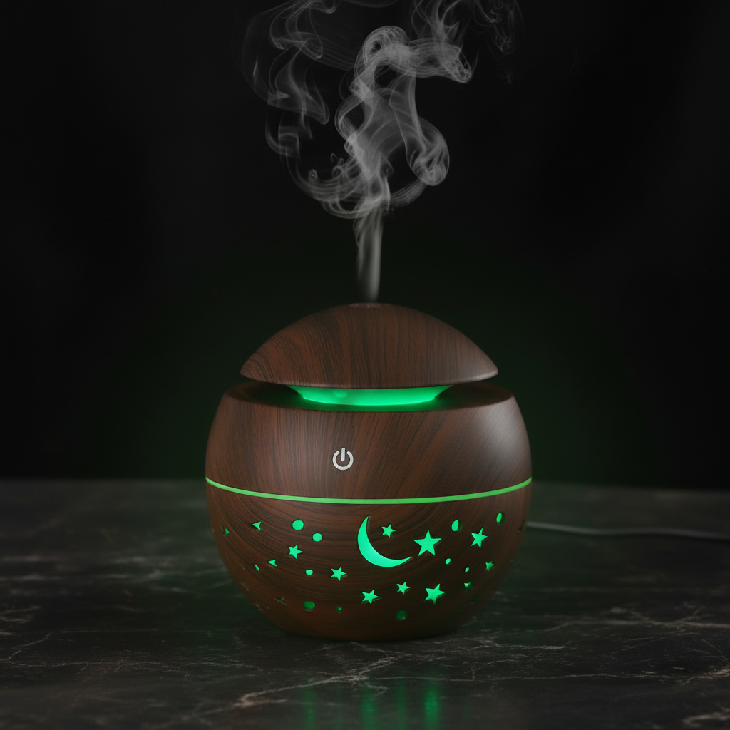 Starry Sky Mini Aroma Diffuser – dark espresso wood grain with green LED star and moon glow