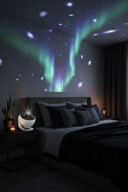 Galaxy Star Projector casting aurora and star projections in a dark cozy bedroom