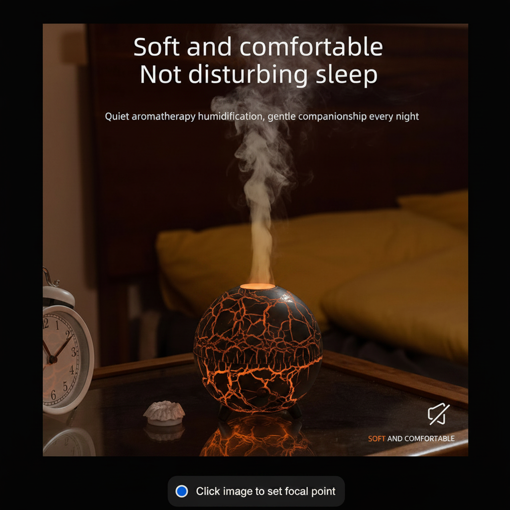 Black Lava Globe Aroma Diffuser with orange glow and mist in dark bedroom setting