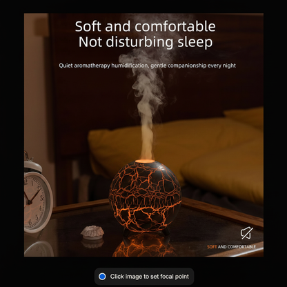 Black Lava Globe Aroma Diffuser with orange glow and mist in dark bedroom setting